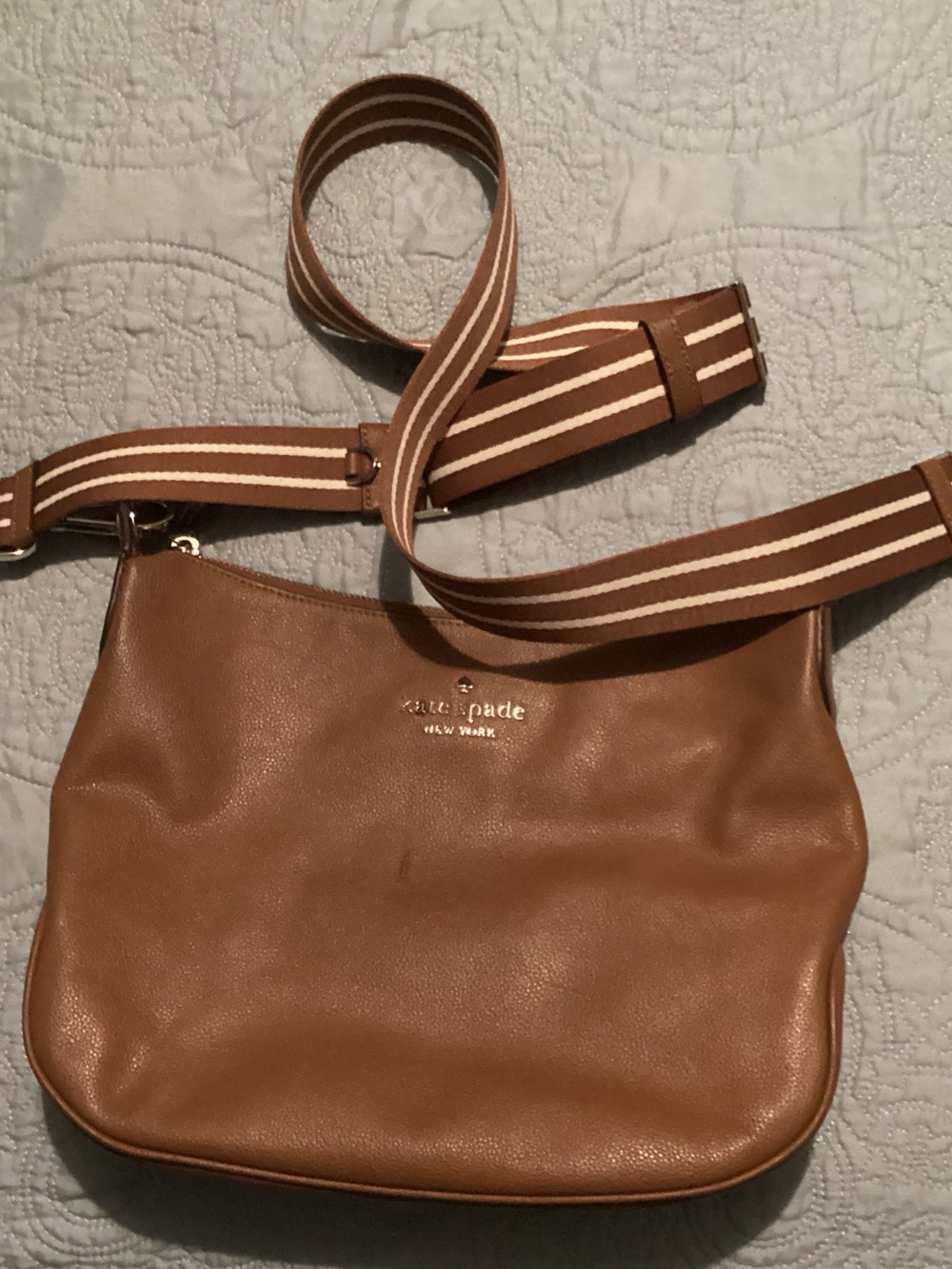 kate spade Brown Leather Crossbody with Striped Fabric Strap